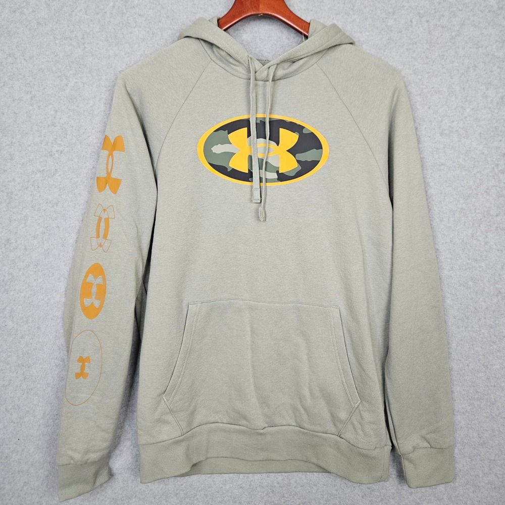Under Armour Mens Size MedRival Fleece Graphic Hoodie Gray Camo Logo 1389361-504